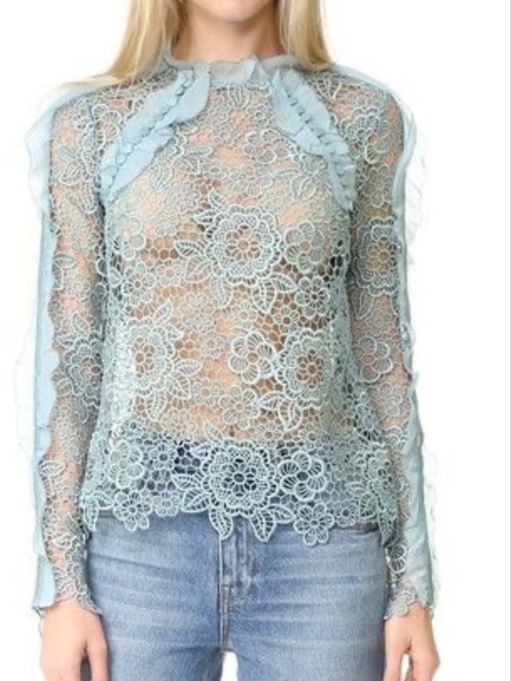 VGUC Self-Portrait Pale Blue Floral Lace Blouse with Organza Ruffles US 8/10 - Picture 13 of 13
